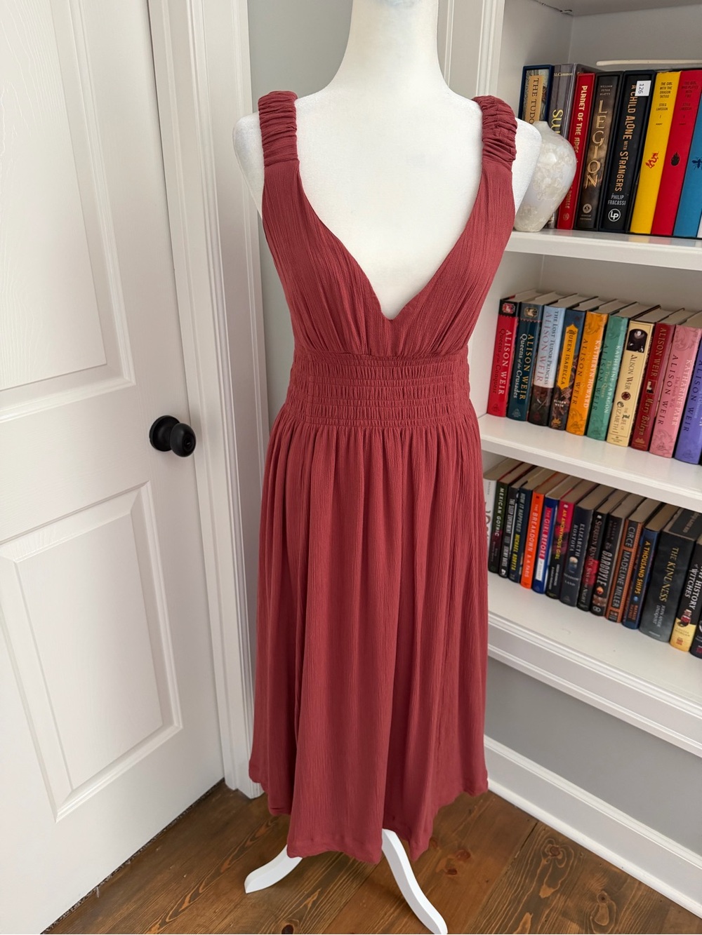 Abercrombie & Fitch Rose Colored Deep V Shirred-Waist Midi Dress